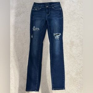 Blue Straight Leg Jeans with Distressed Details